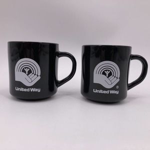 TWO United Way Coffee Mugs Black White Classic Hand Logo Set Charity Volunteer